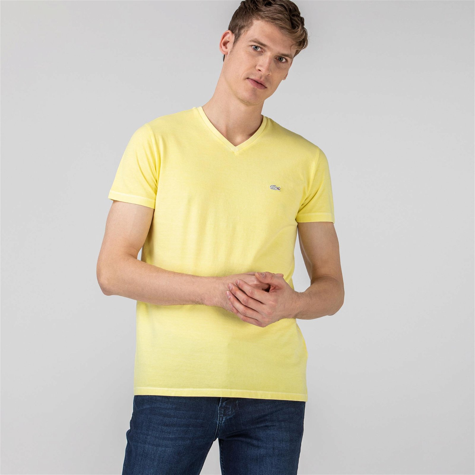 Lacoste Slim Fit V Yaka Sarı T-Shirt