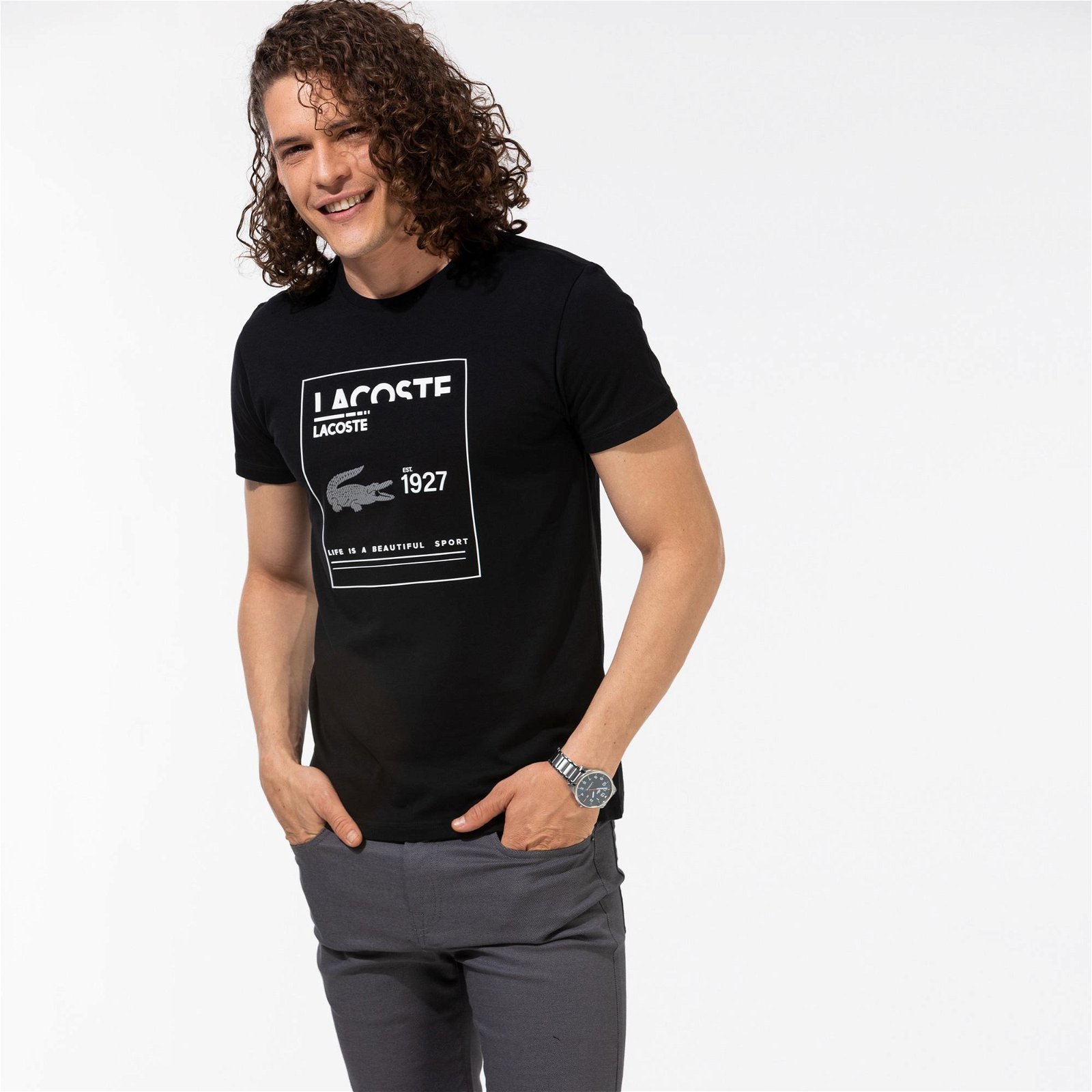 Lacoste Slim Fit Bisiklet Yaka Baskılı Siyah T-Shirt