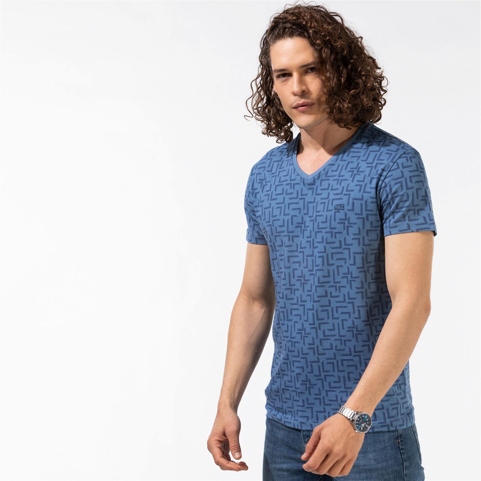 Lacoste Slim Fit V Yaka Baskılı Mavi T-Shirt