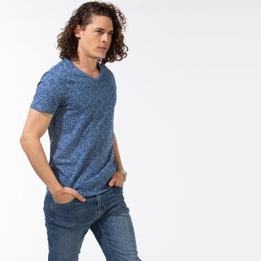  Lacoste Slim Fit V Yaka Baskılı Mavi T-Shirt