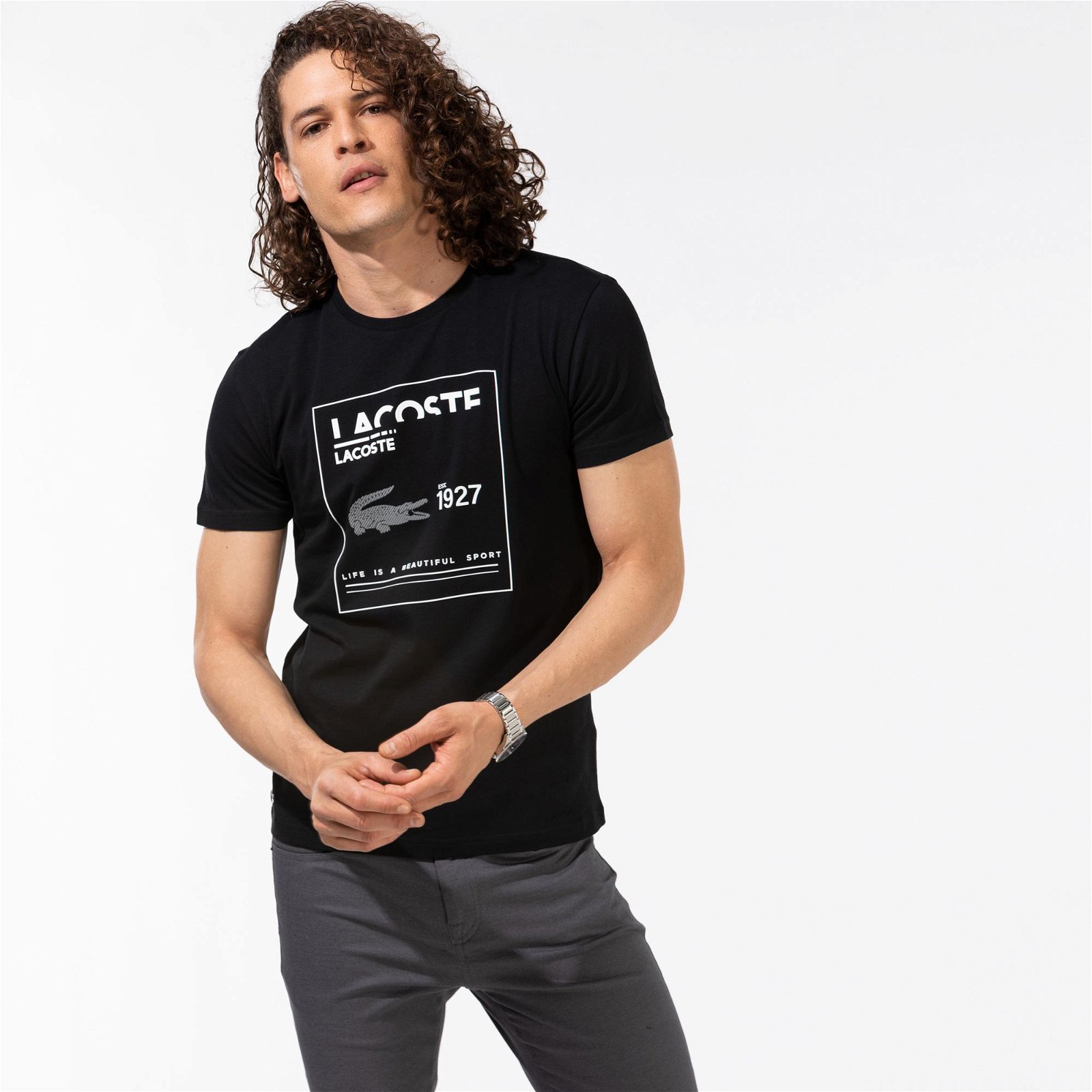 Lacoste Slim Fit Bisiklet Yaka Baskılı Siyah T-Shirt
