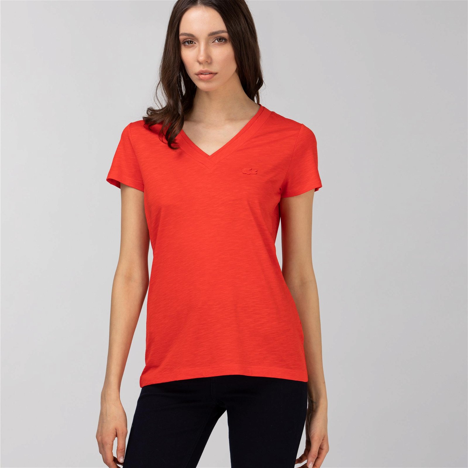 Lacoste Slim Fit V Yaka Kadın Kırmızı T-Shirt