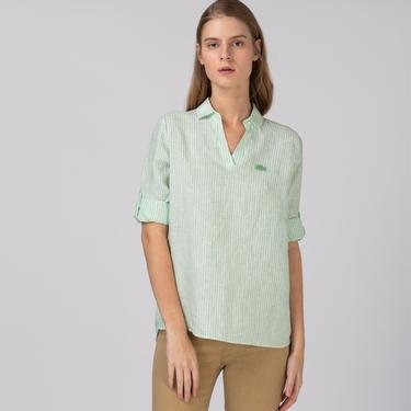  Lacoste Kadın Çizgili Yeşil - Beyaz Gömlek