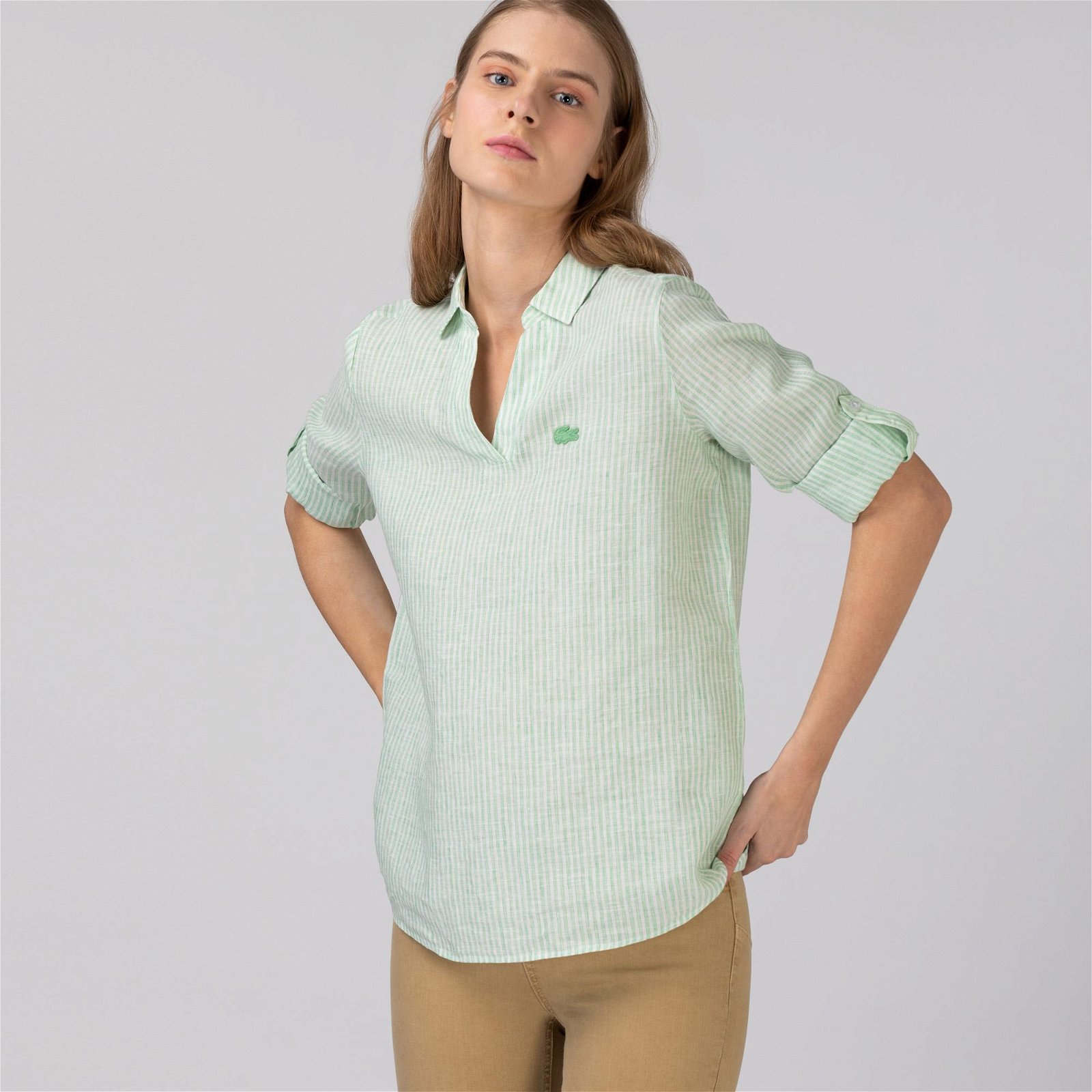 Lacoste Kadın Çizgili Yeşil - Beyaz Gömlek