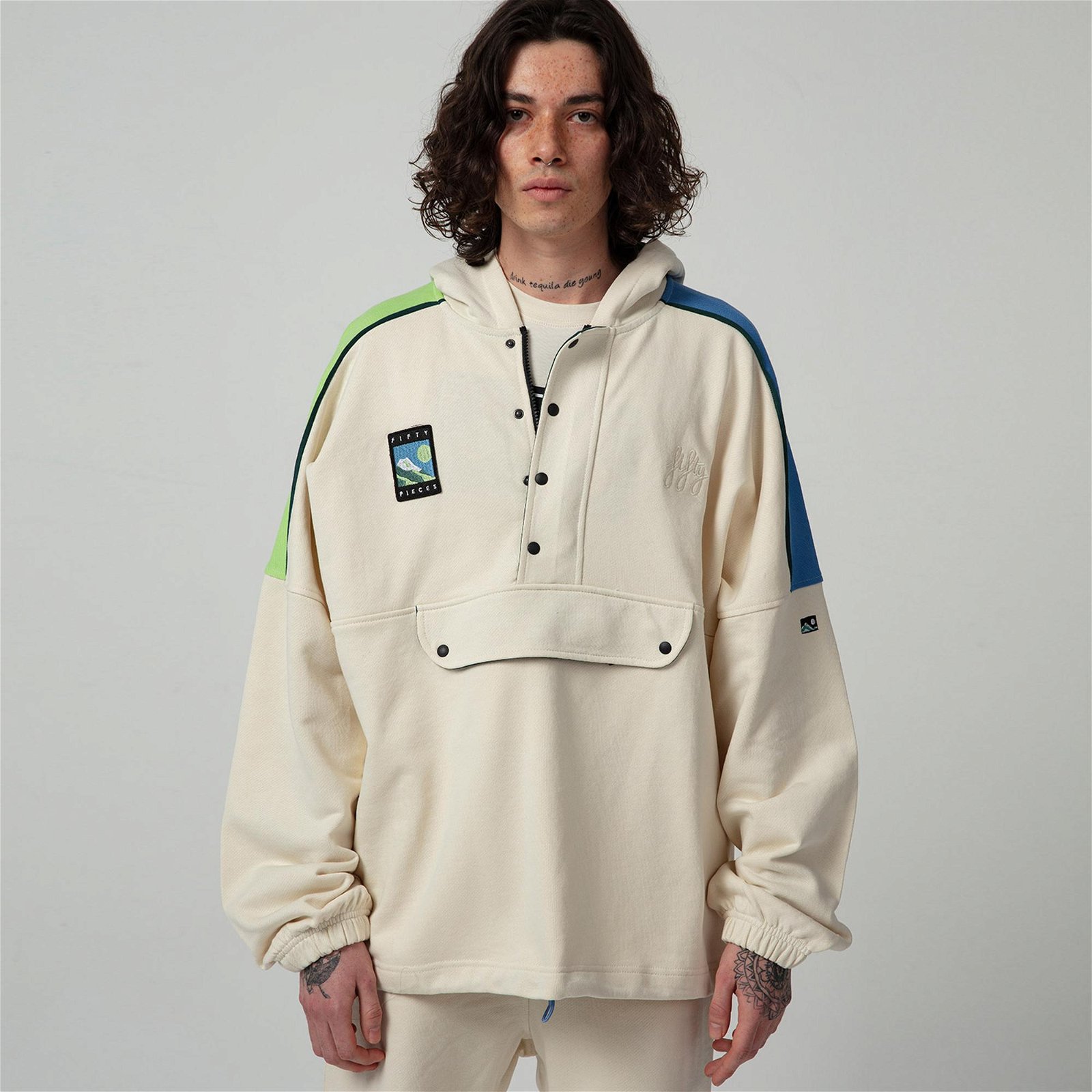Fifty Pieces Çıtçıtlı Oversize Erkek Bej Sweatshirt