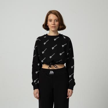  Fifty Pieces Baskılı Büzgülü Kadın Siyah Crop Sweatshirt