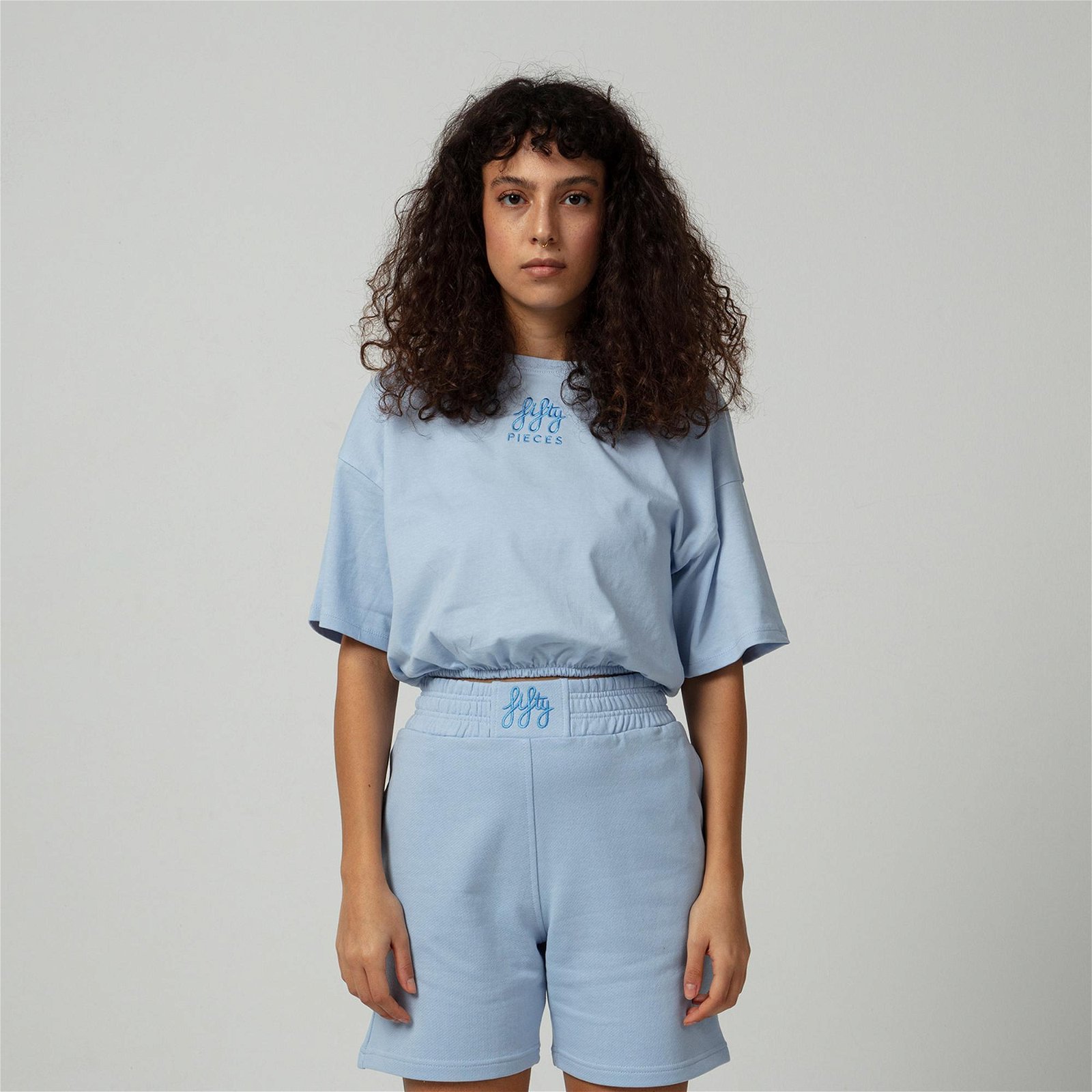 Fifty Pieces Büzgülü Oversize Kadın Mavi T-Shirt