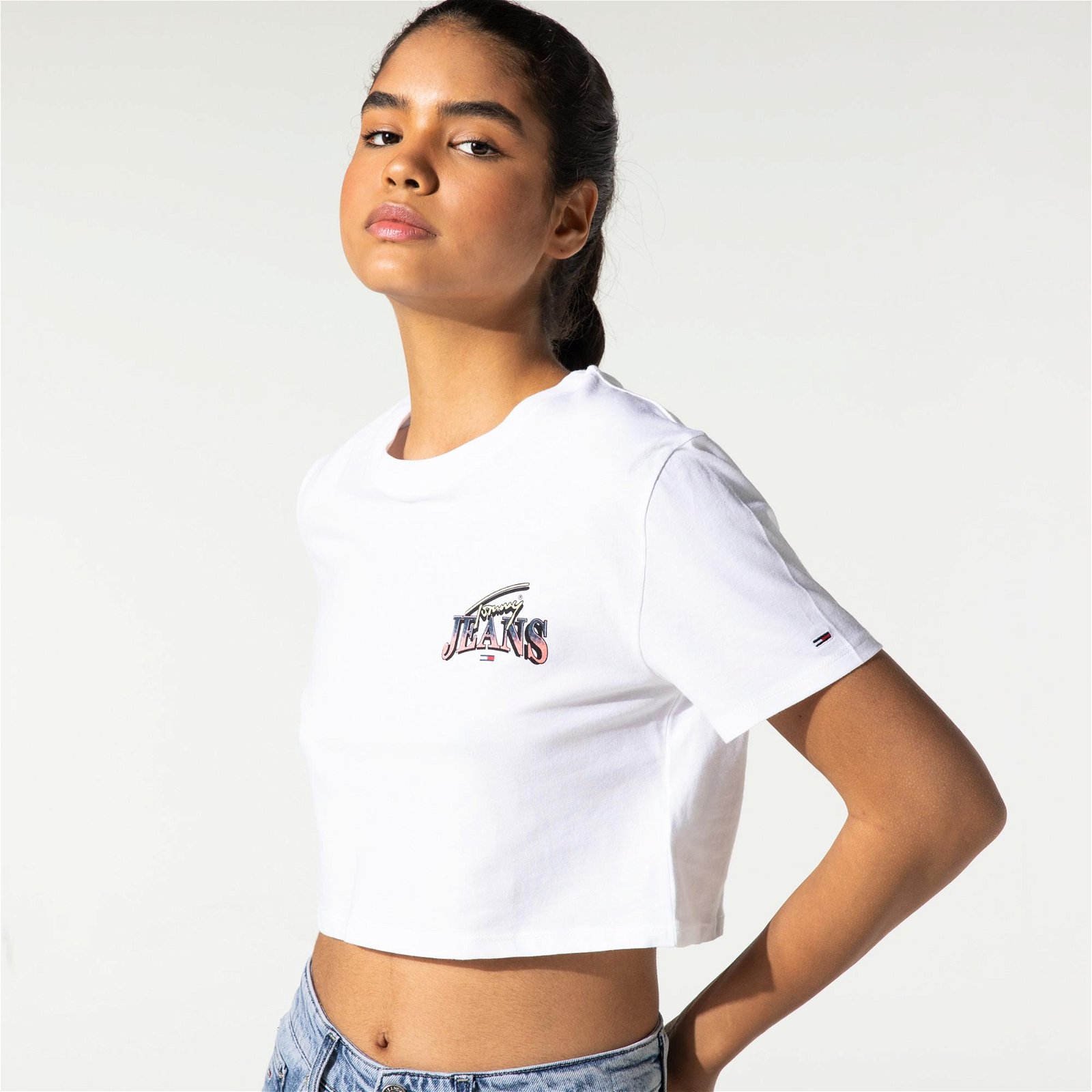 Tommy Jeans Super Crop Logo Kadın Beyaz T-Shirt