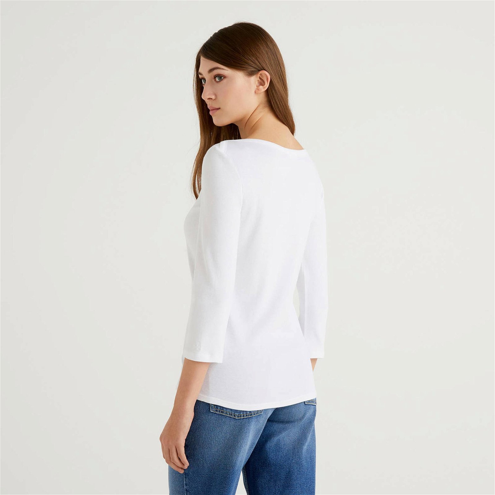 Benetton Basic Kayık Yaka Kadın Beyaz T-Shirt
