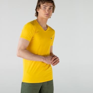  Lacoste Erkek Slim Fit V Yaka Sarı T-Shirt