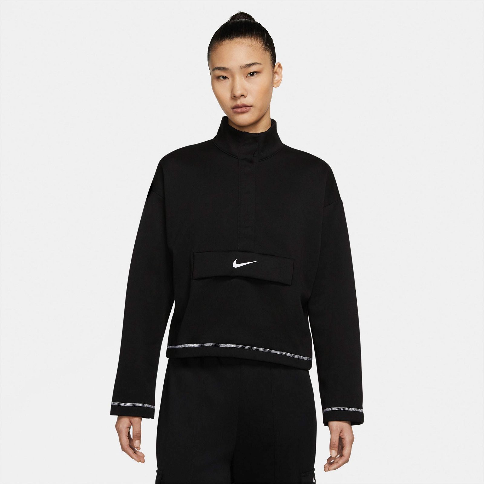 Nike Sportswear Essential Swoosh Hz Fleece Bb Kadın Siyah Sweatshirt