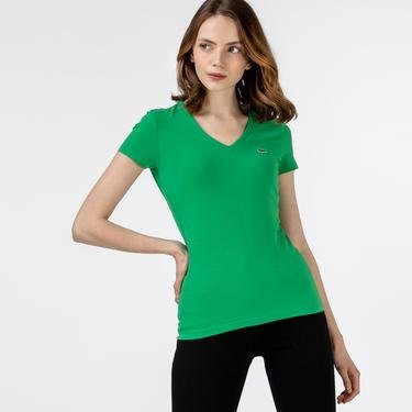 Lacoste Slim Fit V Yaka Yeşil T-Shirt