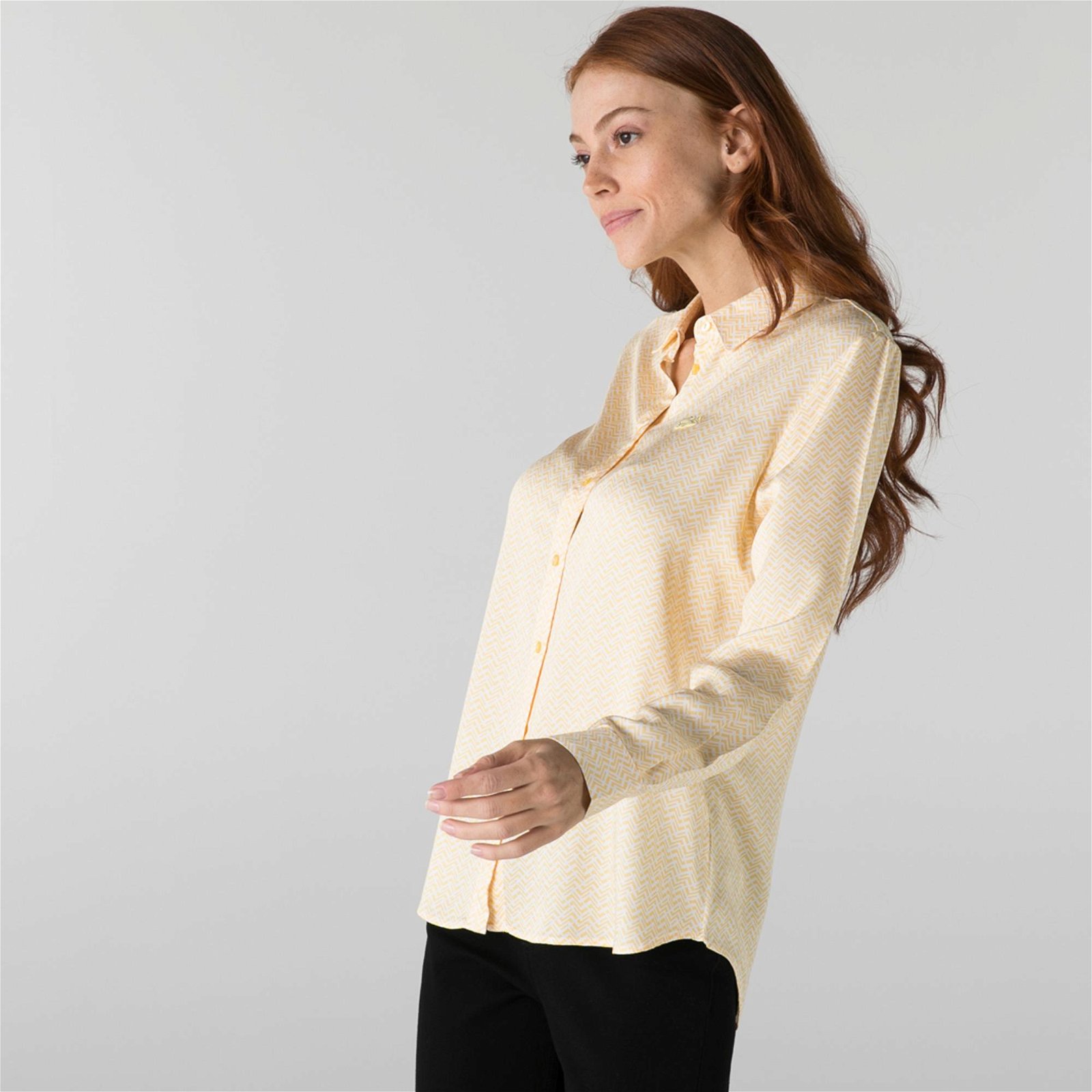 Lacoste Kadın Slim Fit Desenli Sarı Gömlek