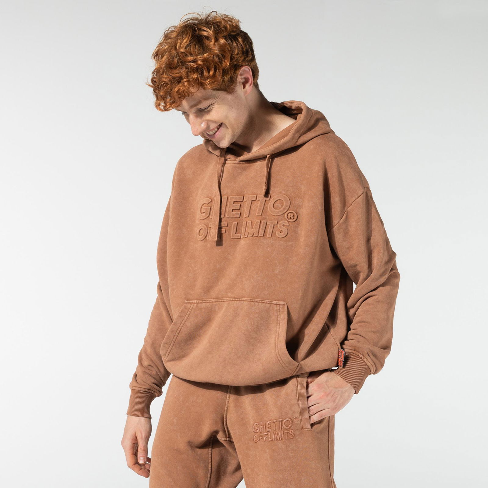 Ghetto Off Limits Acid Wash Hoodie Unisex Kahverengi Sweatshirt