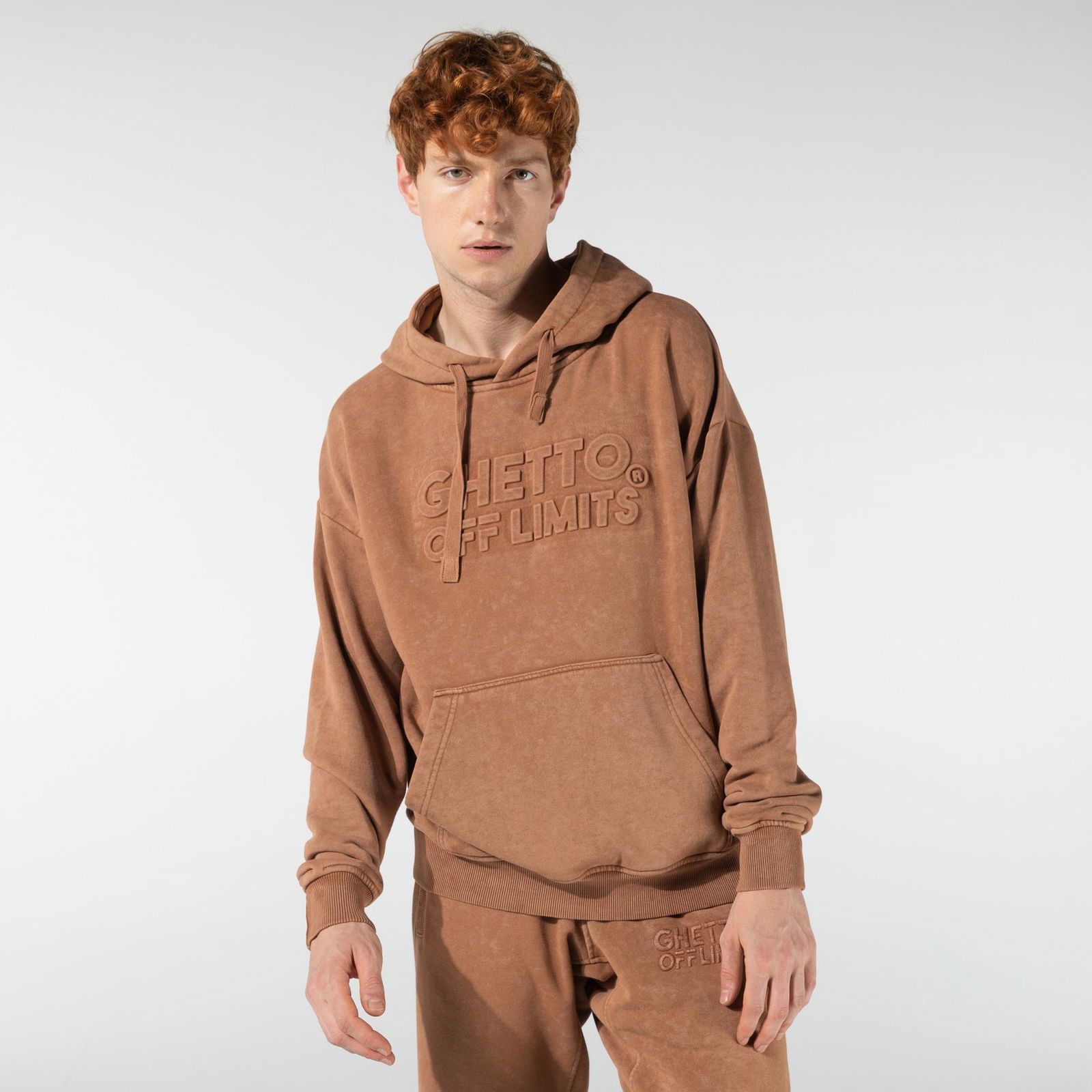 Ghetto Off Limits Acid Wash Hoodie Unisex Kahverengi Sweatshirt