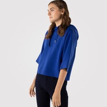  Lacoste Kadın Relaxed Fit Kapüşonlu Baskılı Mavi Sweatshirt