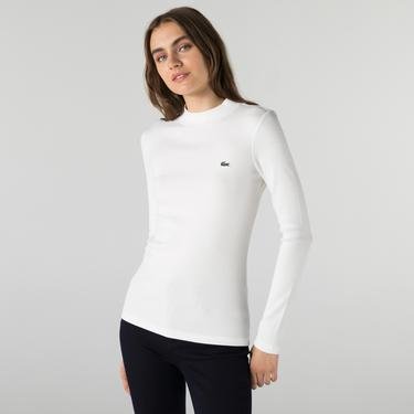 Lacoste Kadın Slim Fit Uzun Kollu Bisiklet Yaka Beyaz T-Shirt