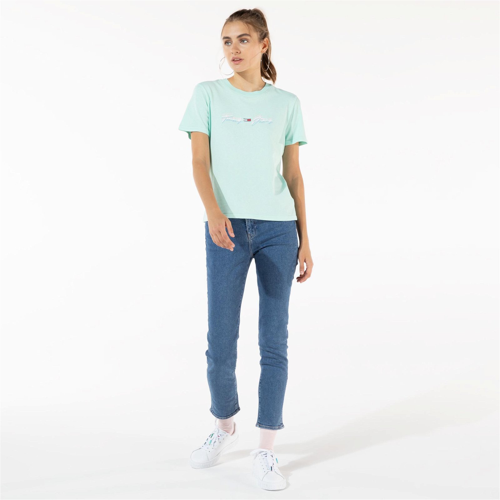 Tommy Hilfiger Linear Logo Kadın Mavi T-Shirt