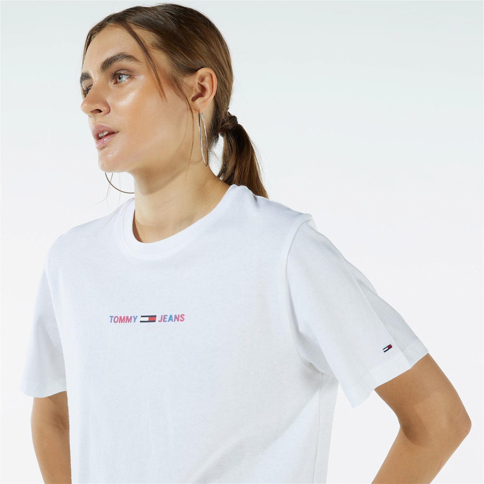 Tommy Jeans Crop Multi Linear Kadın Beyaz T-Shirt