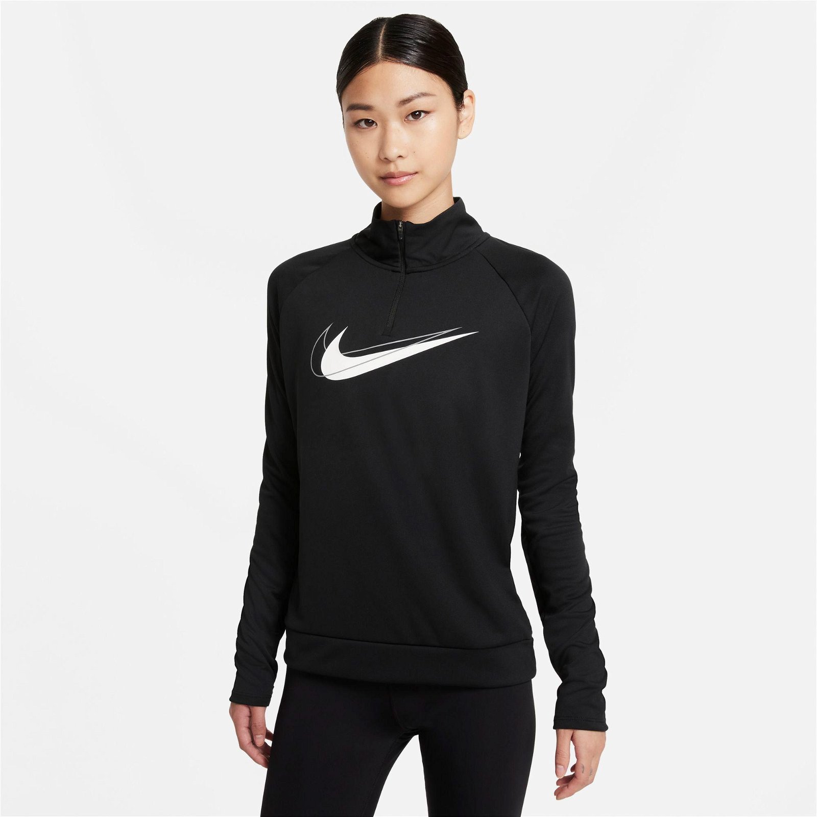 Nike Dri-FIT Swoosh Run Kadın Büyük Beden Siyah-Beyaz Sweatshirt