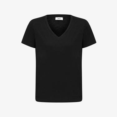  Twist V Yaka Kadın Siyah T-Shirt