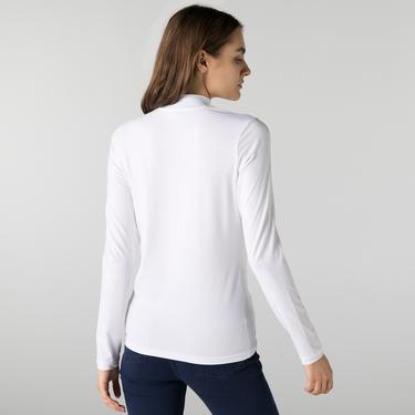  Lacoste Kadın Slim Fit Uzun Kollu Boğazlı Yaka Beyaz T-Shirt
