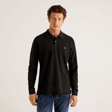  Benetton Uzun Kollu Erkek Siyah Polo T-Shirt