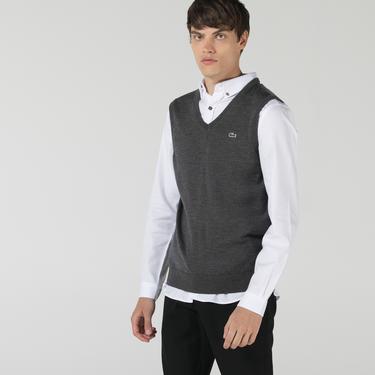  Lacoste Erkek Classic Fit V Yaka Yün Gri Süveter