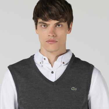  Lacoste Erkek Classic Fit V Yaka Yün Gri Süveter