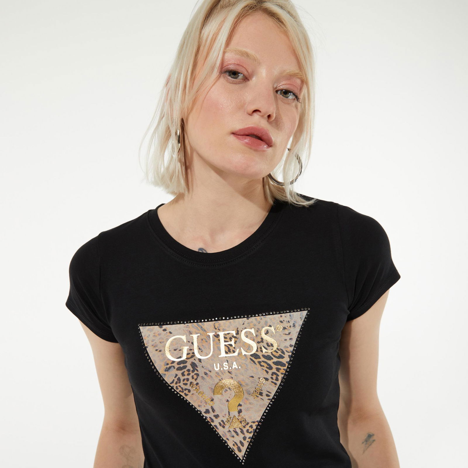Guess Ghost Leopard Logo R3 Kadın Siyah T-Shirt
