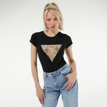  Guess Ghost Leopard Logo R3 Kadın Siyah T-Shirt