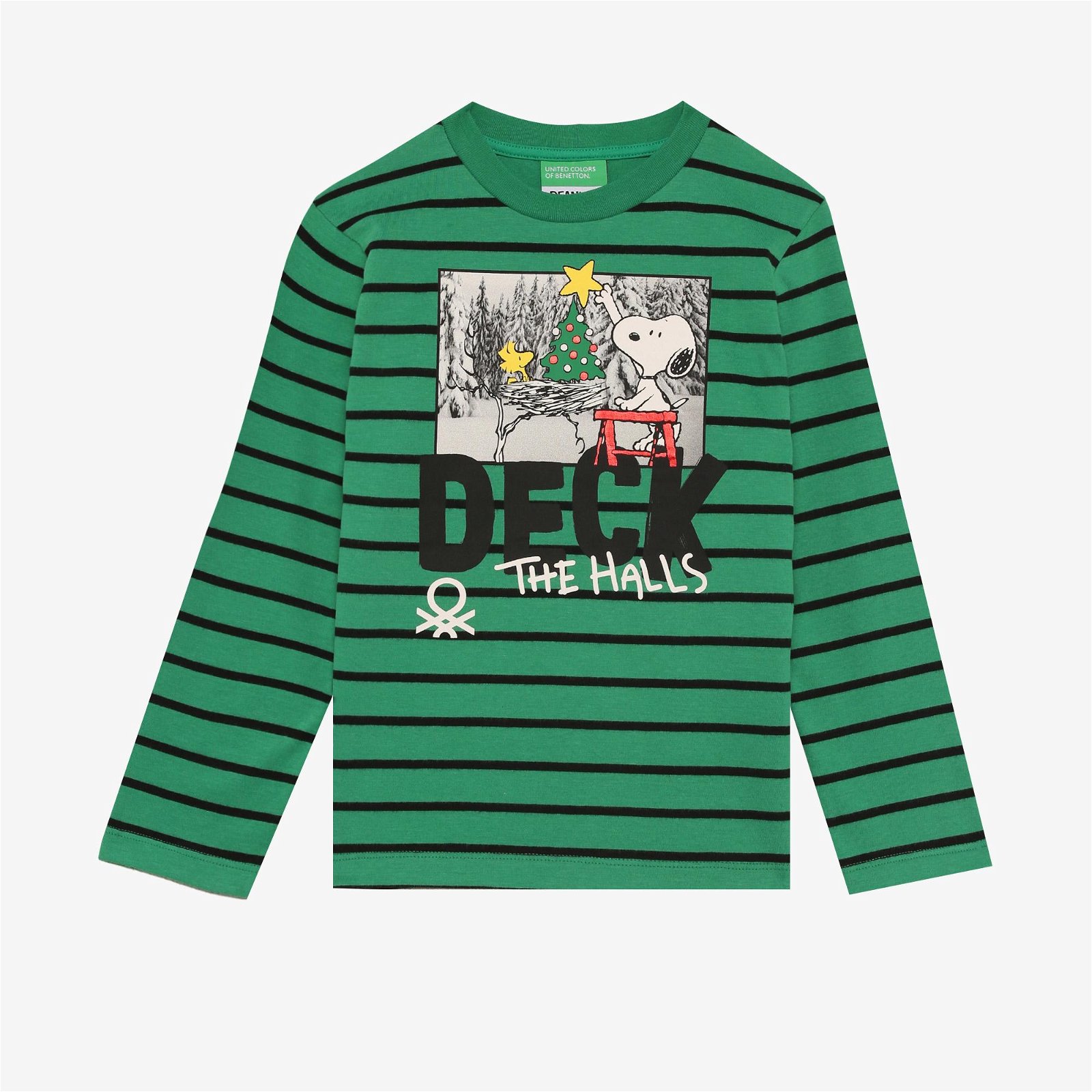 Benetton Snoopy Yılbaşı Çocuk Yeşil Baskılı Uzun Kollu T-Shirt