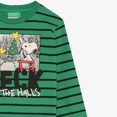  Benetton Snoopy Yılbaşı Çocuk Yeşil Baskılı Uzun Kollu T-Shirt