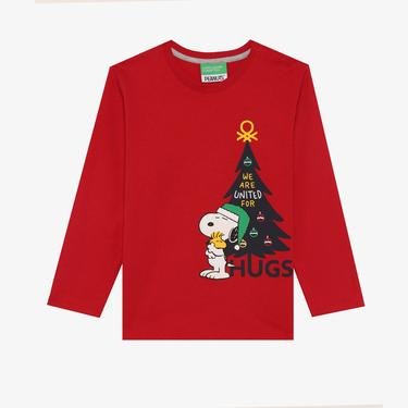  Benetton Snoopy Yılbaşı Desenli Çocuk Kırmızı Sweatshirt