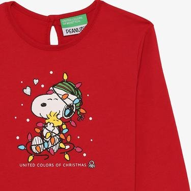  Benetton Snoopy Yılbaşı Baskılı Çocuk Bej T-Shirt
