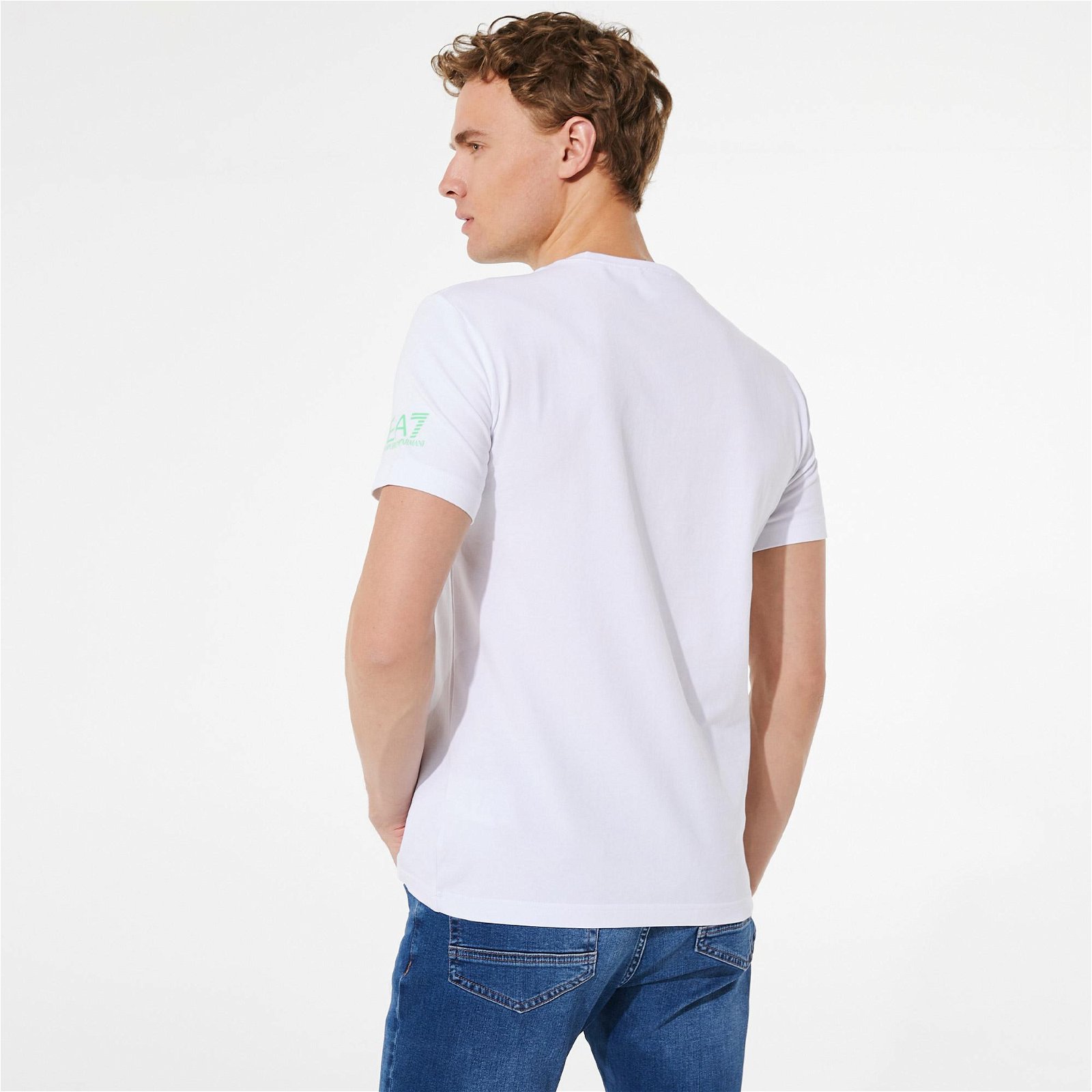 EA7 Emporio Armani Logo Baskılı Erkek Beyaz Bisiklet Yaka T-Shirt