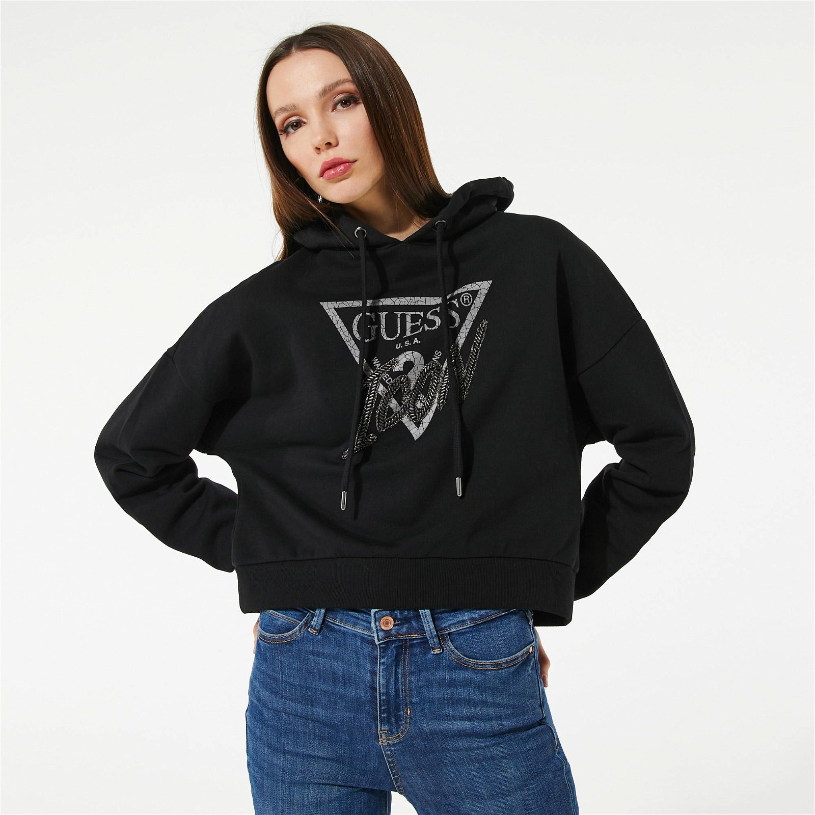 Guess Iconic Hood Kadın Siyah Sweatshirt