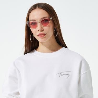  Tommy Jeans Signature Crew Kadın Beyaz Crop Sweatshirt