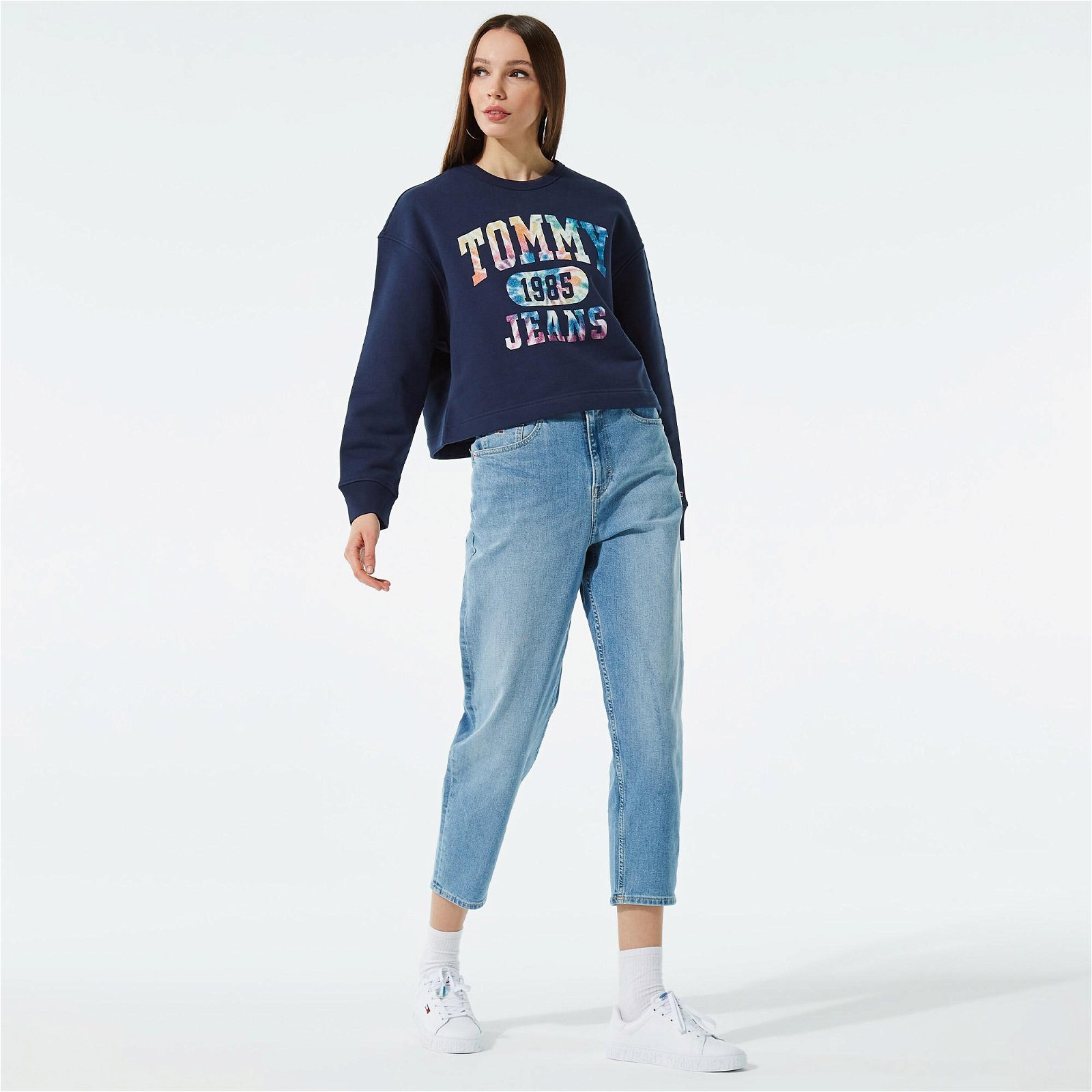 Tommy Jeans Tie Dye 3 Crew Kadın Mavi Crop Sweatshirt