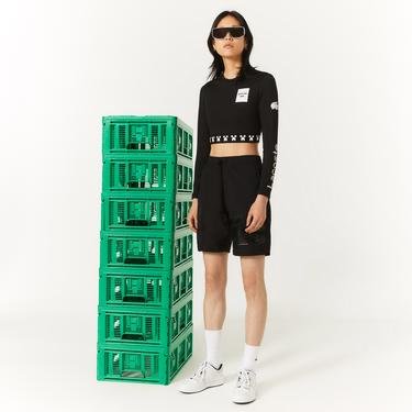  Lacoste X Minecraft Kadın Slim Fit Uzun Kollu Bisiklet Yaka Baskılı Siyah T-Shirt