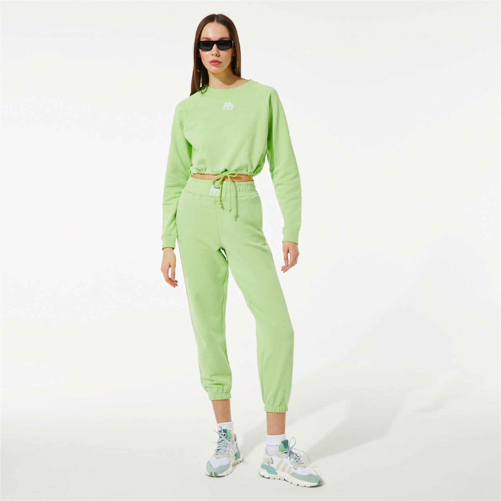 Fifty Pieces Büzgülü Kadın Yeşil Crop Sweatshirt