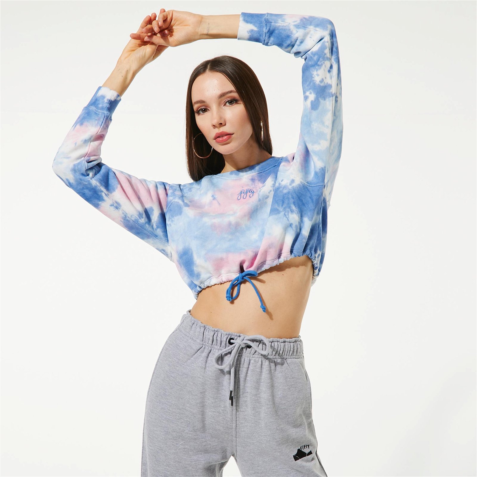 Fifty Pieces Batik Büzgülü Crop Kadın Pembe Sweatshirt