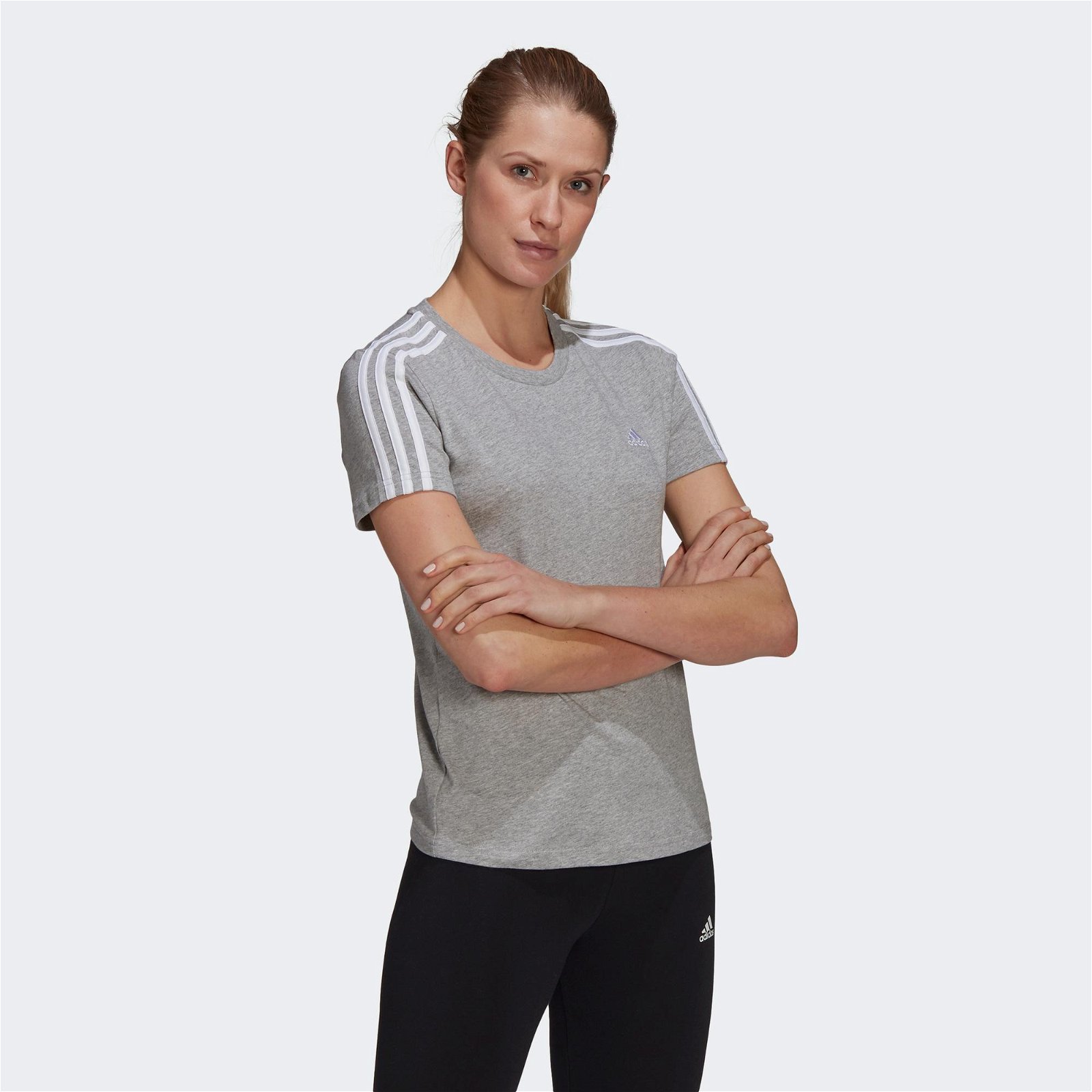 adidas Loungewear Essentials Slim 3-Stripes Kadın Gri T-Shirt