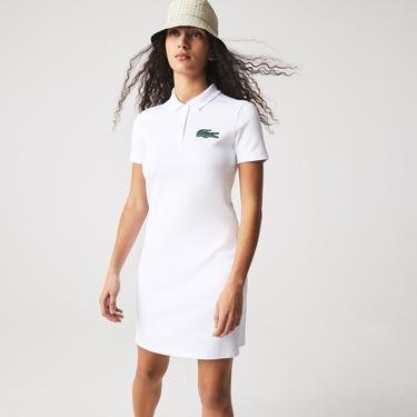  Lacoste Kadın Slim Fit Kısa Kollu Polo Yaka Beyaz Elbise