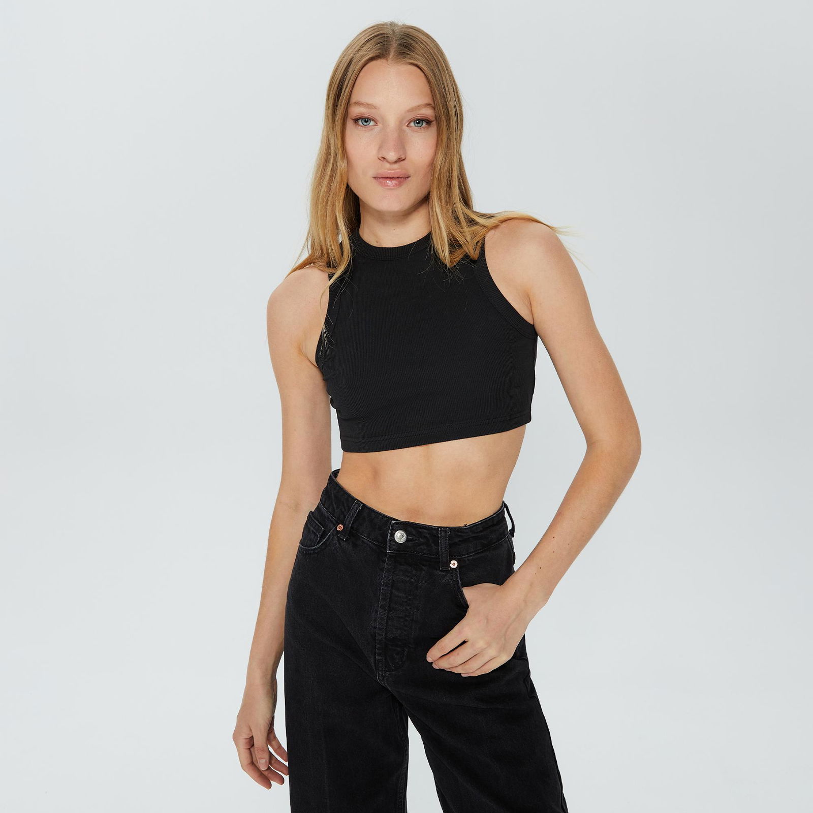 SOONTOBEANNOUNCED Ribbed Halo Tank Top Kadın Siyah T-Shirt