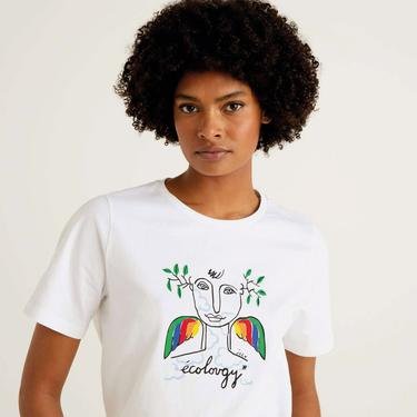  Benetton JCCxUCB Tasarım Baskılı Kadın Beyaz T-Shirt