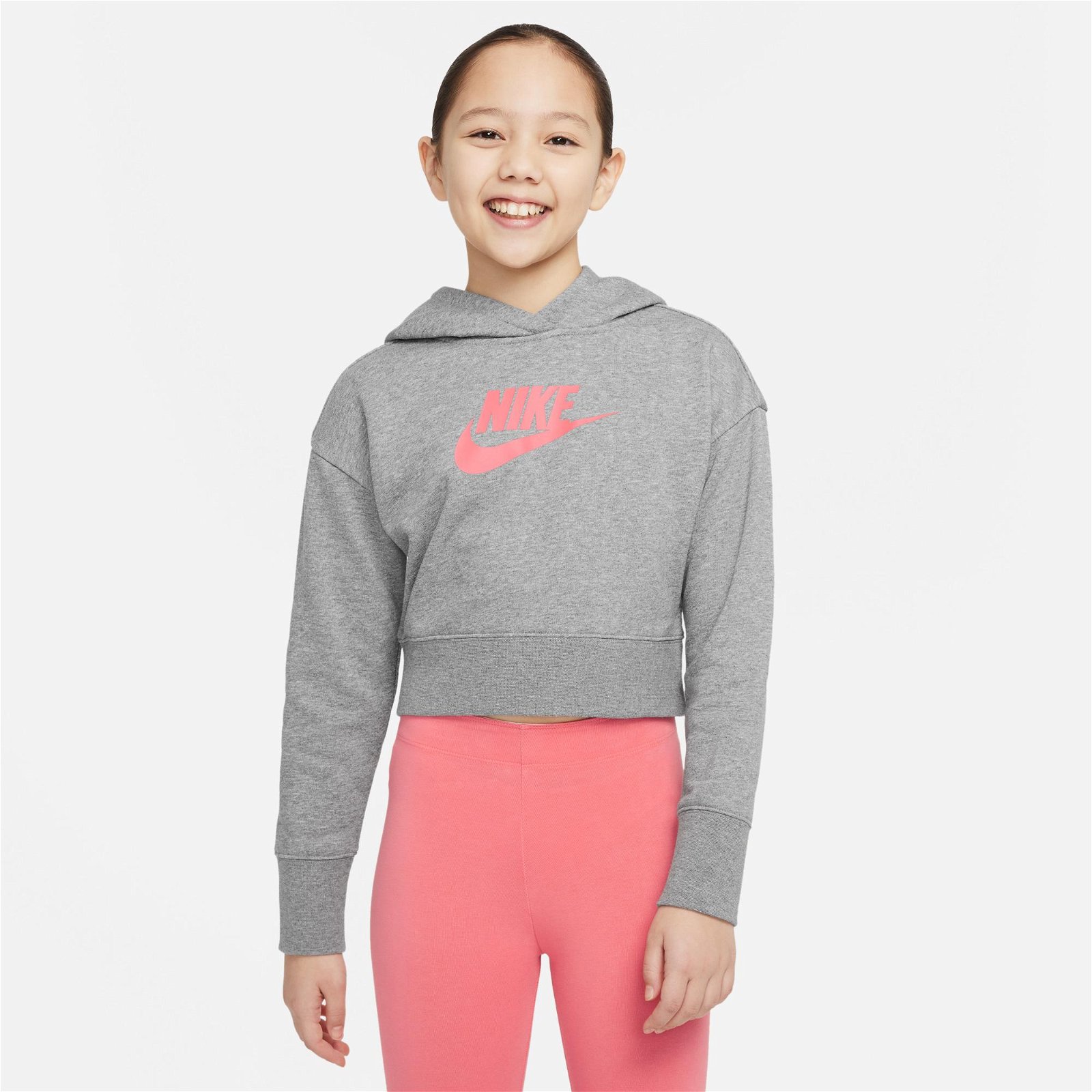 Nike Sportswear Club Fit Çocuk Gri Crop Hoodie Sweatshirt