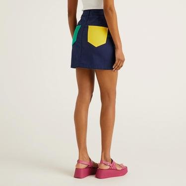  Benetton Renkli Cep Detaylı Mini Kadın Lacivert Etek