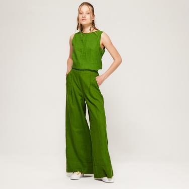  Benetton Plazzo Beli Lastikli Keten Geniş Kesim Kadın Yeşil Pantolon