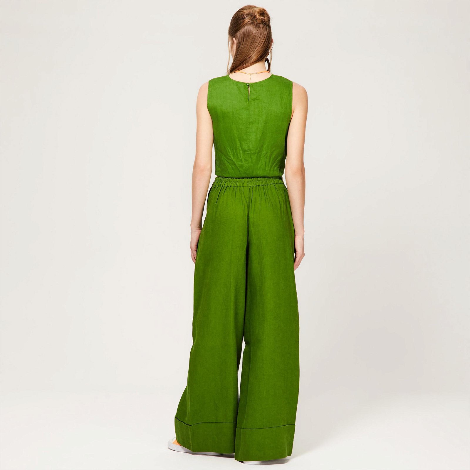 Benetton Plazzo Beli Lastikli Keten Geniş Kesim Kadın Yeşil Pantolon